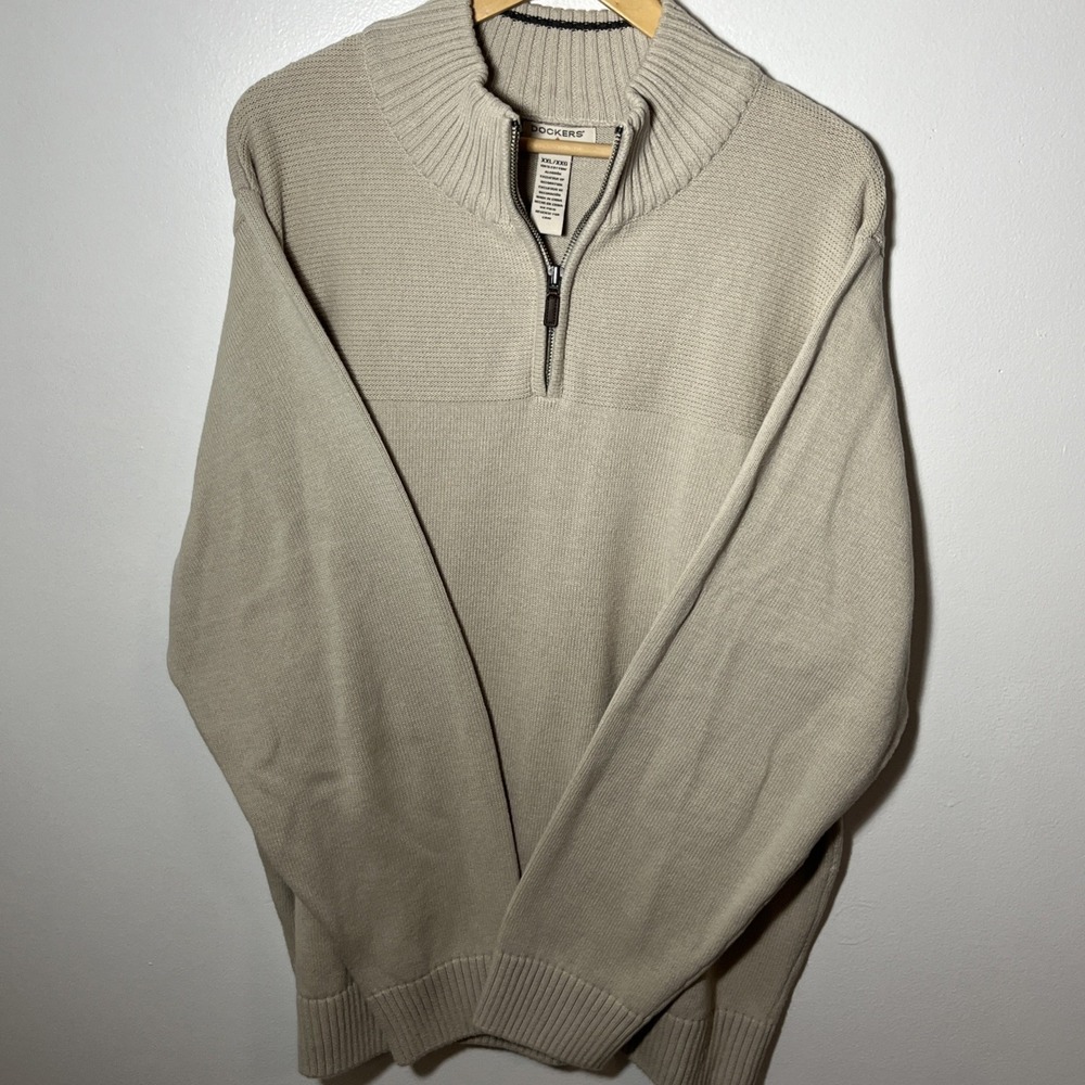Dockers Mens XXL Quarter Zip Sweater‎ Beige Tan 100% Cotton Mock Neck Pullover